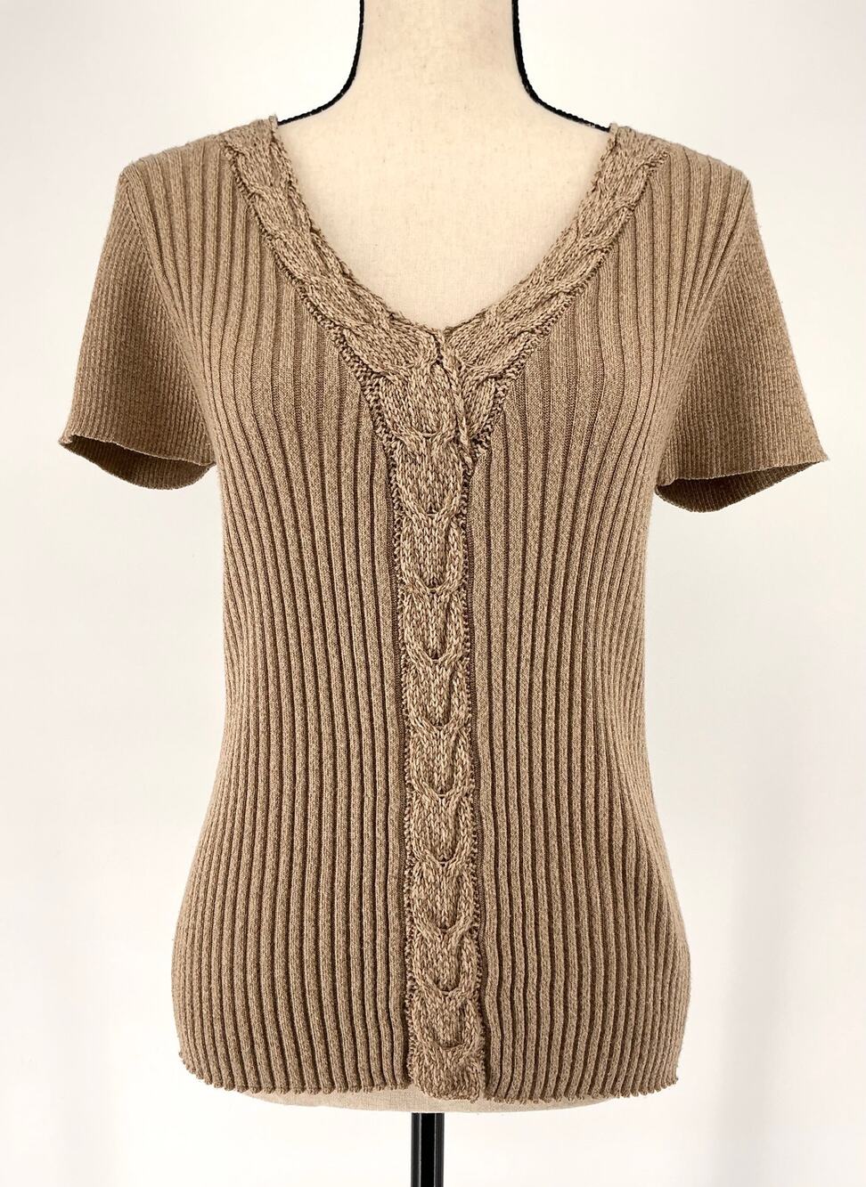St John Metallic Ribbed Cable Knit V Neck Sweater Top M Wool Silk Cashmere
